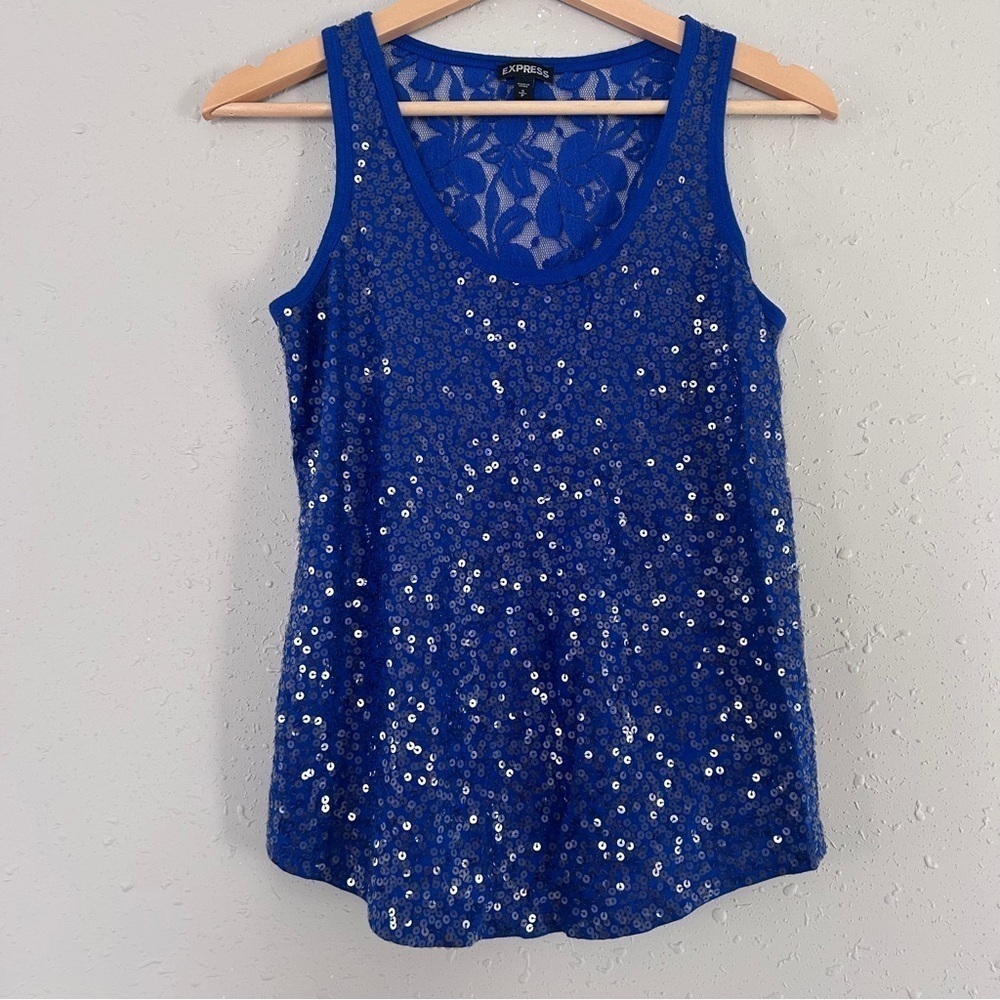 🦋 Express Blue Sequin Lace Tank Top Party 4th of July America USA Going Out Y2K